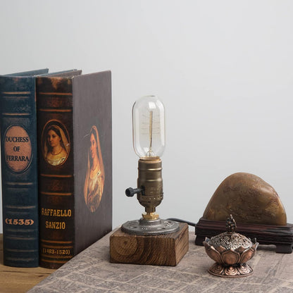 Small Wood Table Lamp Edison Bulb Dimmable Desk Lamp E26 60W Industrial Night Light Boho Deco for Bedroom, Living Room or Office(No Bulb)