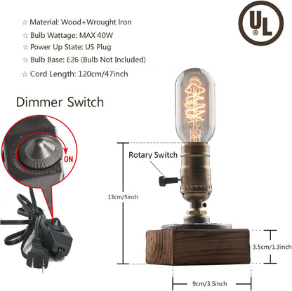 Small Wood Table Lamp Edison Bulb Dimmable Desk Lamp E26 60W Industrial Night Light Boho Deco for Bedroom, Living Room or Office(No Bulb)