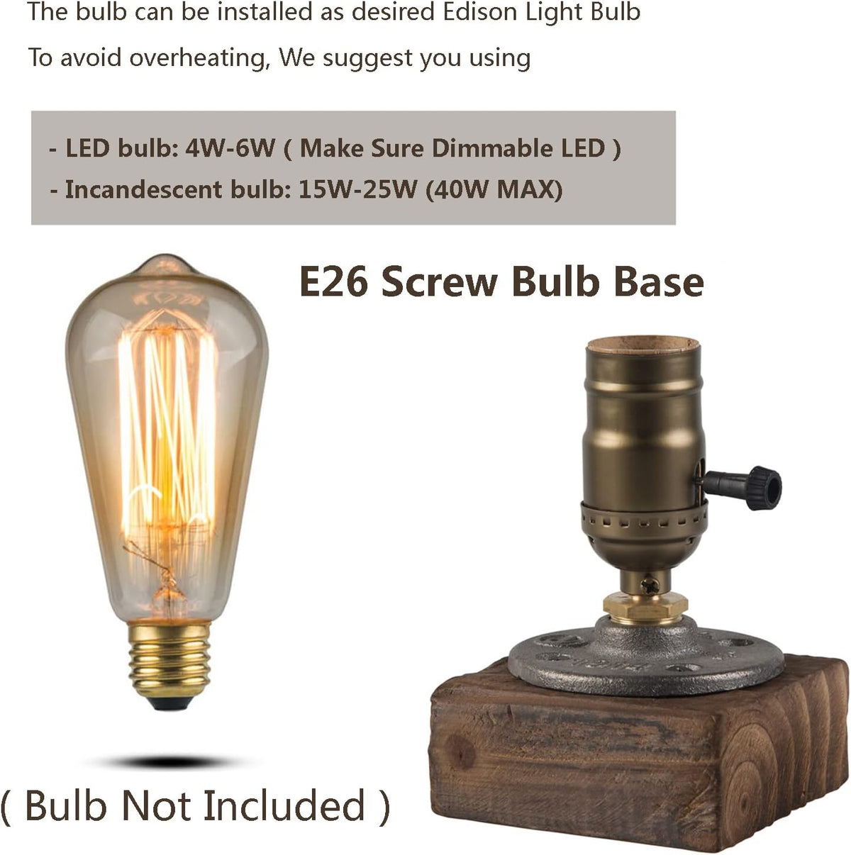 Small Wood Table Lamp Edison Bulb Dimmable Desk Lamp E26 60W Industrial Night Light Boho Deco for Bedroom, Living Room or Office(No Bulb)