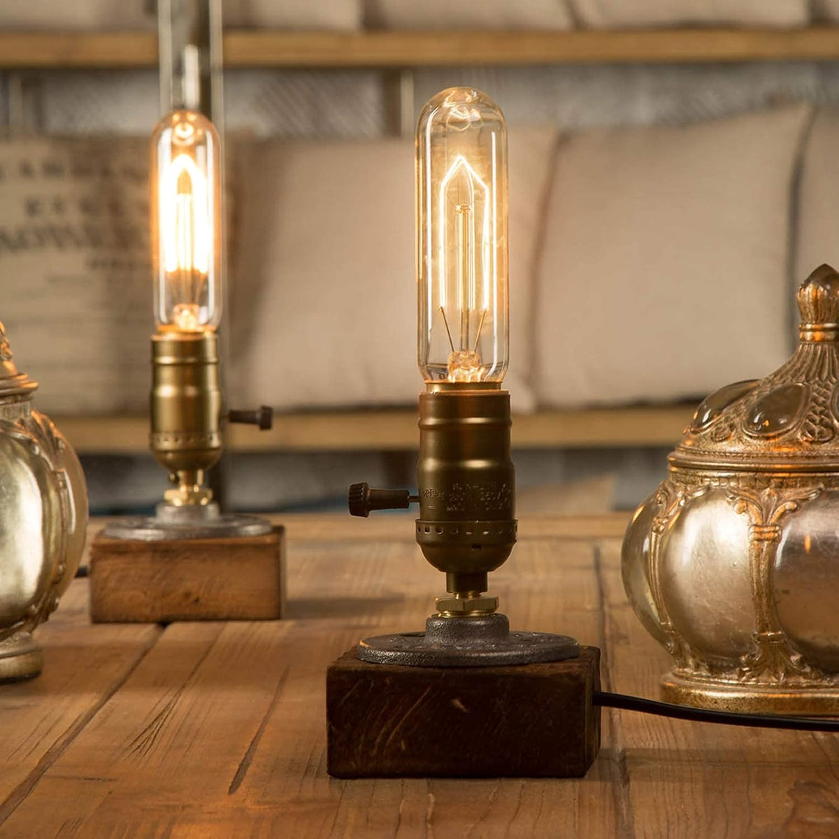 Small Wood Table Lamp Edison Bulb Dimmable Desk Lamp E26 60W Industrial Night Light Boho Deco for Bedroom, Living Room or Office(No Bulb)