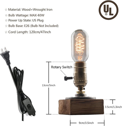Small Wood Table Lamp Edison Bulb Dimmable Desk Lamp E26 60W Industrial Night Light Boho Deco for Bedroom, Living Room or Office(No Bulb)