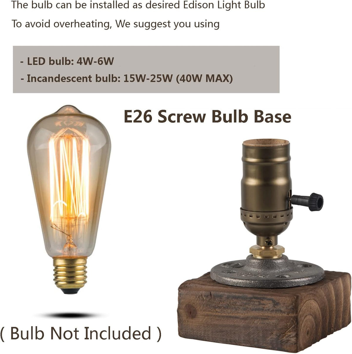 Small Wood Table Lamp Edison Bulb Dimmable Desk Lamp E26 60W Industrial Night Light Boho Deco for Bedroom, Living Room or Office(No Bulb)