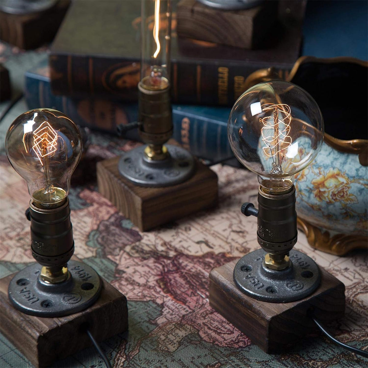 Small Wood Table Lamp Edison Bulb Dimmable Desk Lamp E26 60W Industrial Night Light Boho Deco for Bedroom, Living Room or Office(No Bulb)