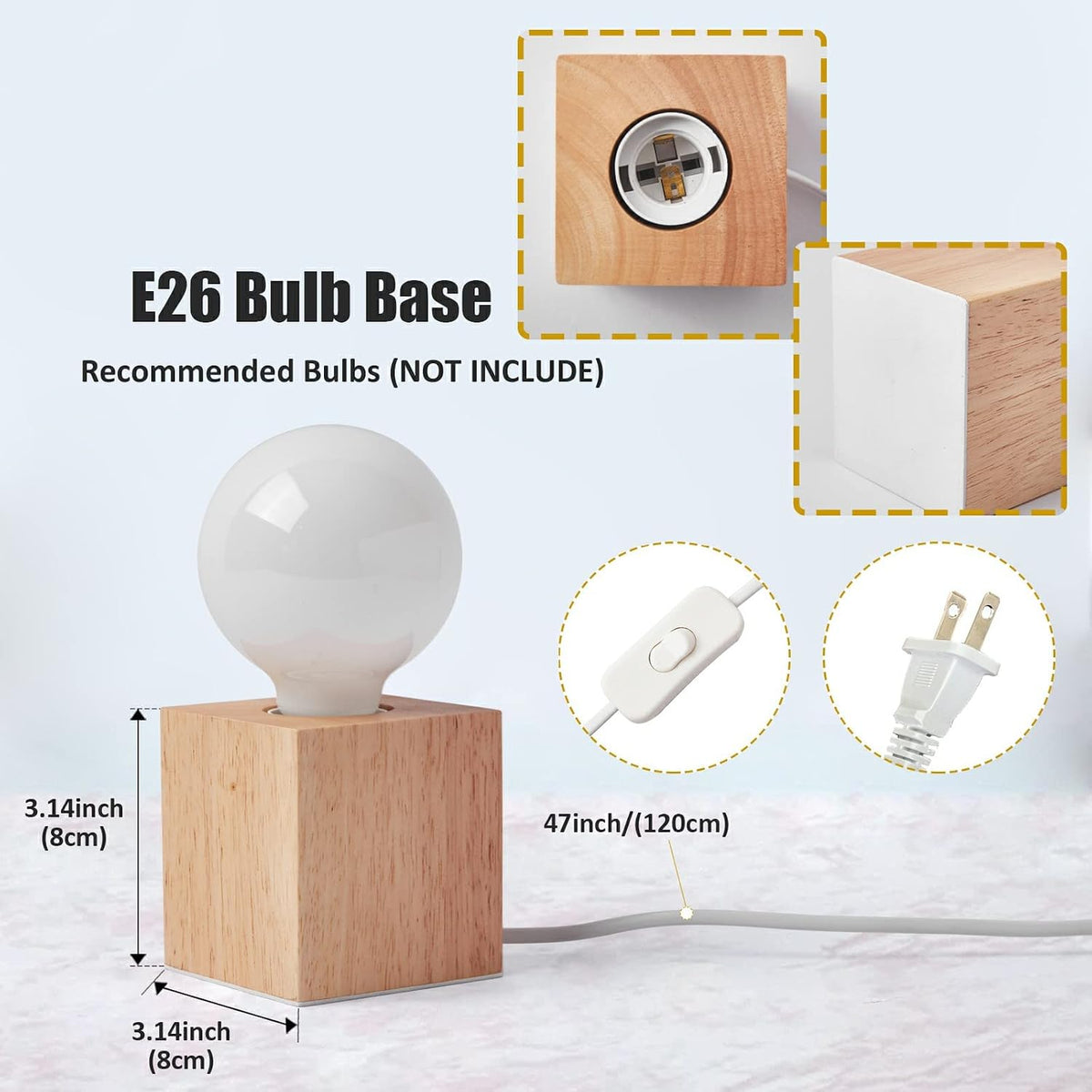 Small Wood Table Lamp Edison Bulb Dimmable Desk Lamp E26 60W Industrial Night Light Boho Deco for Bedroom, Living Room or Office(No Bulb)