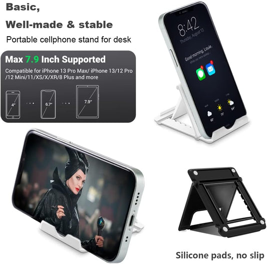 Portable Cell Phone Stand Holder for Desk, Foldable Pocket-Sized Mount, Universal Adjustable Desktop Mobile Phone Kickstand Compatible with iPhone IPads Kindle Android Black & White
