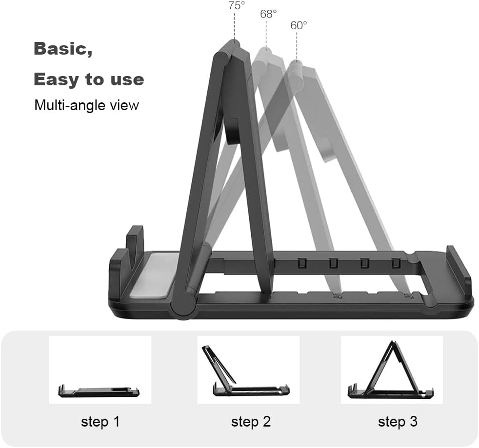 Portable Cell Phone Stand Holder for Desk, Foldable Pocket-Sized Mount, Universal Adjustable Desktop Mobile Phone Kickstand Compatible with iPhone IPads Kindle Android Black & White