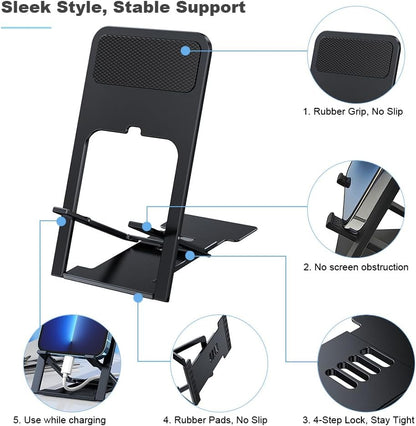 Portable Cell Phone Stand Holder for Desk, Foldable Pocket-Sized Mount, Universal Adjustable Desktop Mobile Phone Kickstand Compatible with iPhone IPads Kindle Android Black & White