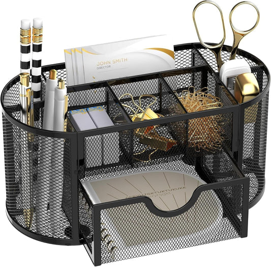 Mesh Desk Organizer with Drawer, 9-Compartment Pen Holder for Desk, Black