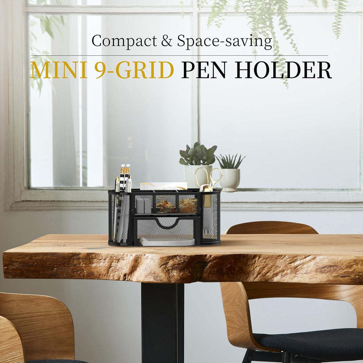 Mesh Desk Organizer with Drawer, 9-Compartment Pen Holder for Desk, Black
