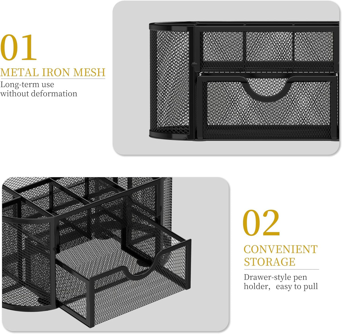 Mesh Desk Organizer with Drawer, 9-Compartment Pen Holder for Desk, Black