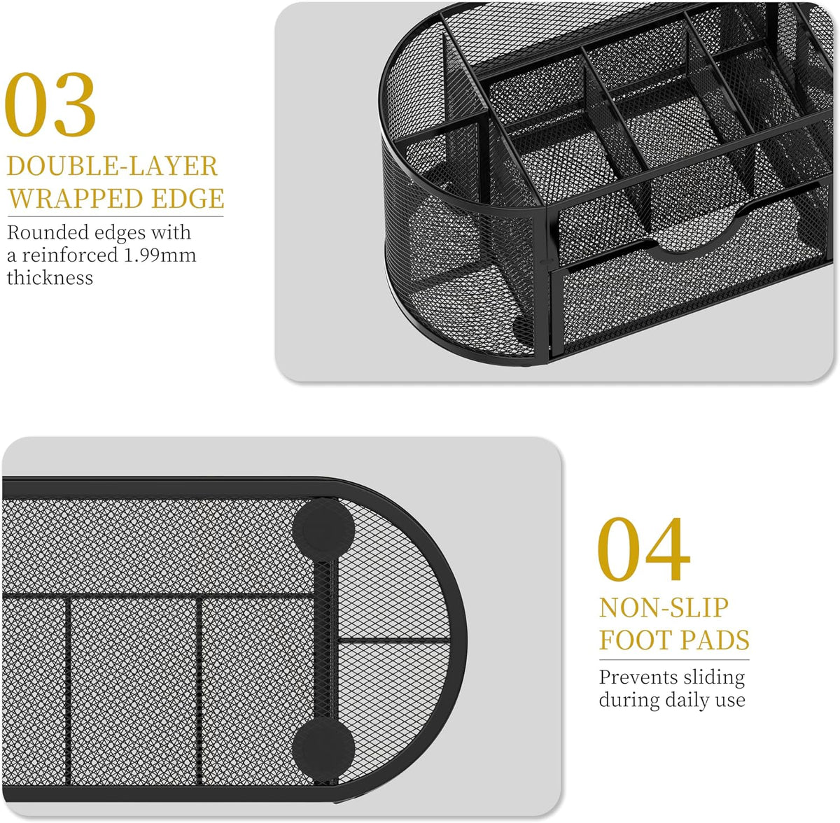 Mesh Desk Organizer with Drawer, 9-Compartment Pen Holder for Desk, Black