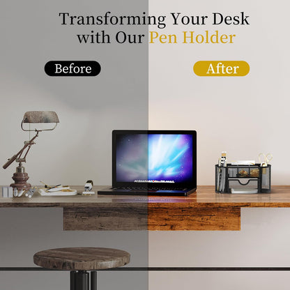 Mesh Desk Organizer with Drawer, 9-Compartment Pen Holder for Desk, Black