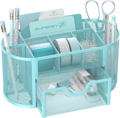 Mesh Desk Organizer with Drawer, 9-Compartment Pen Holder for Desk, Black