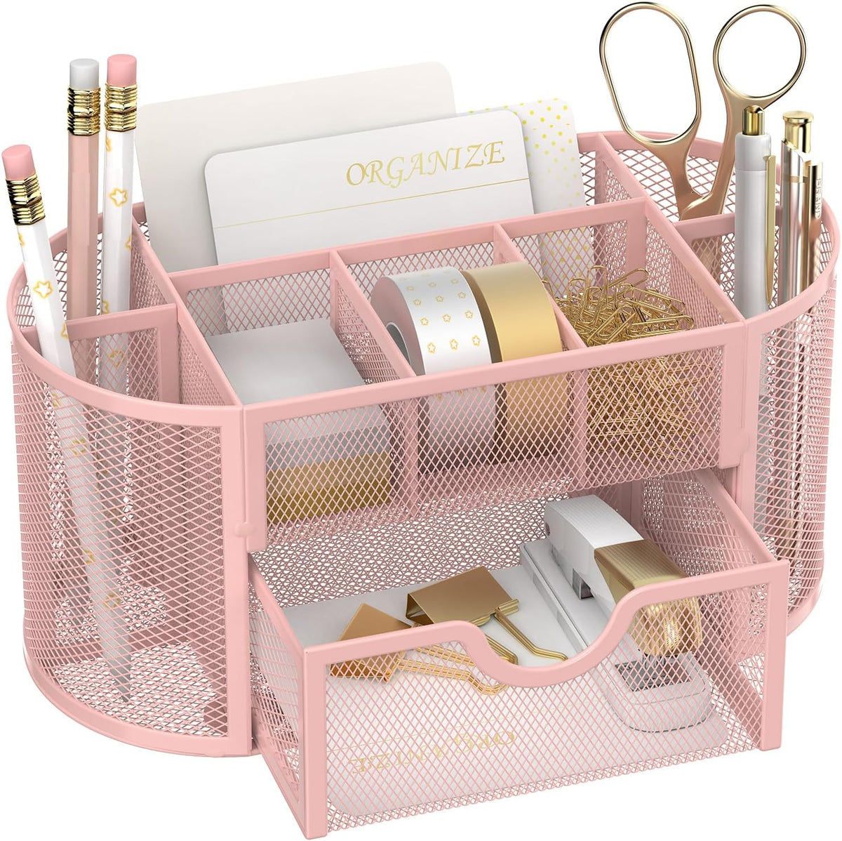 Mesh Desk Organizer with Drawer, 9-Compartment Pen Holder for Desk, Black