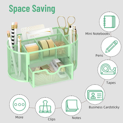 Mesh Desk Organizer with Drawer, 9-Compartment Pen Holder for Desk, Black