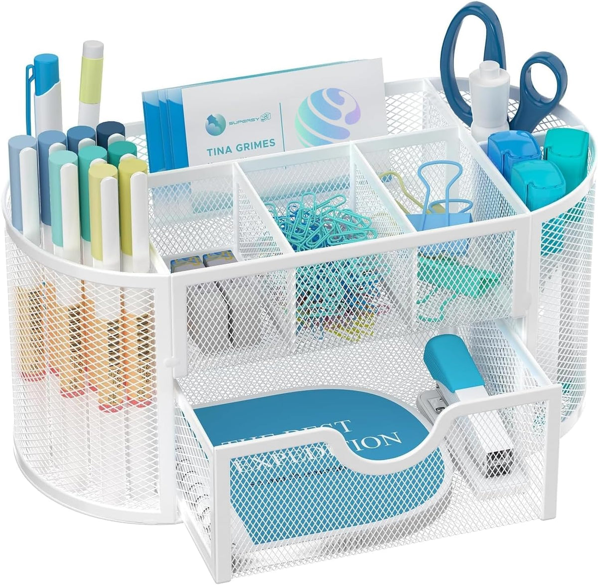 Mesh Desk Organizer with Drawer, 9-Compartment Pen Holder for Desk, Black