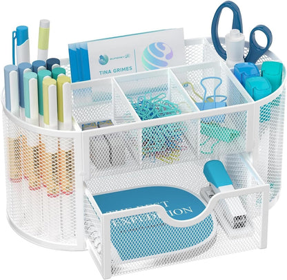 Mesh Desk Organizer with Drawer, 9-Compartment Pen Holder for Desk, Black