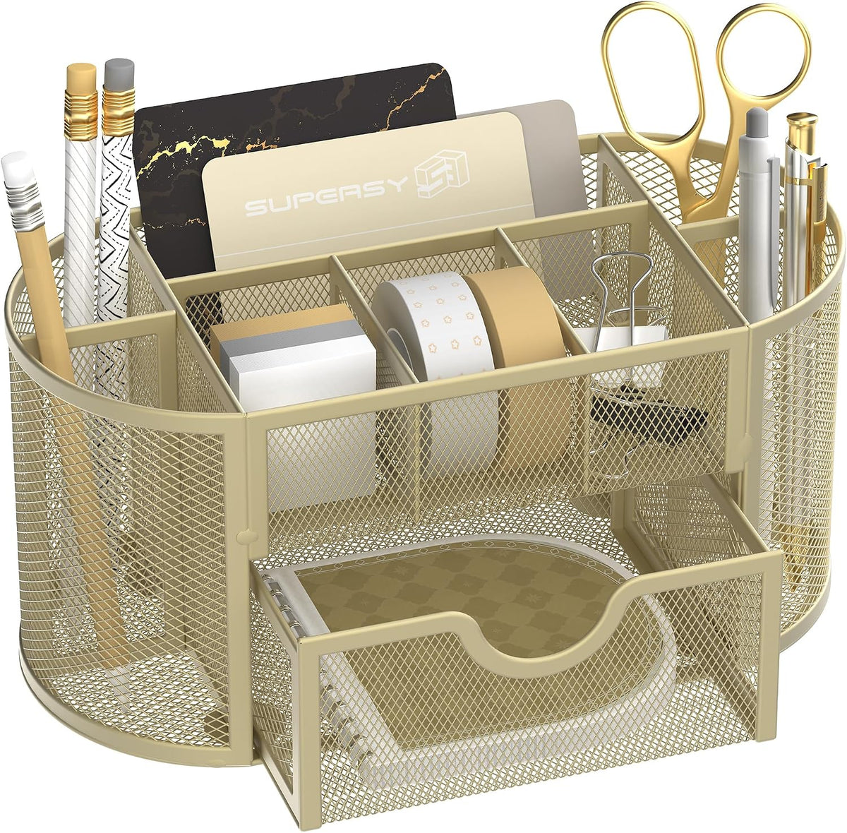 Mesh Desk Organizer with Drawer, 9-Compartment Pen Holder for Desk, Black