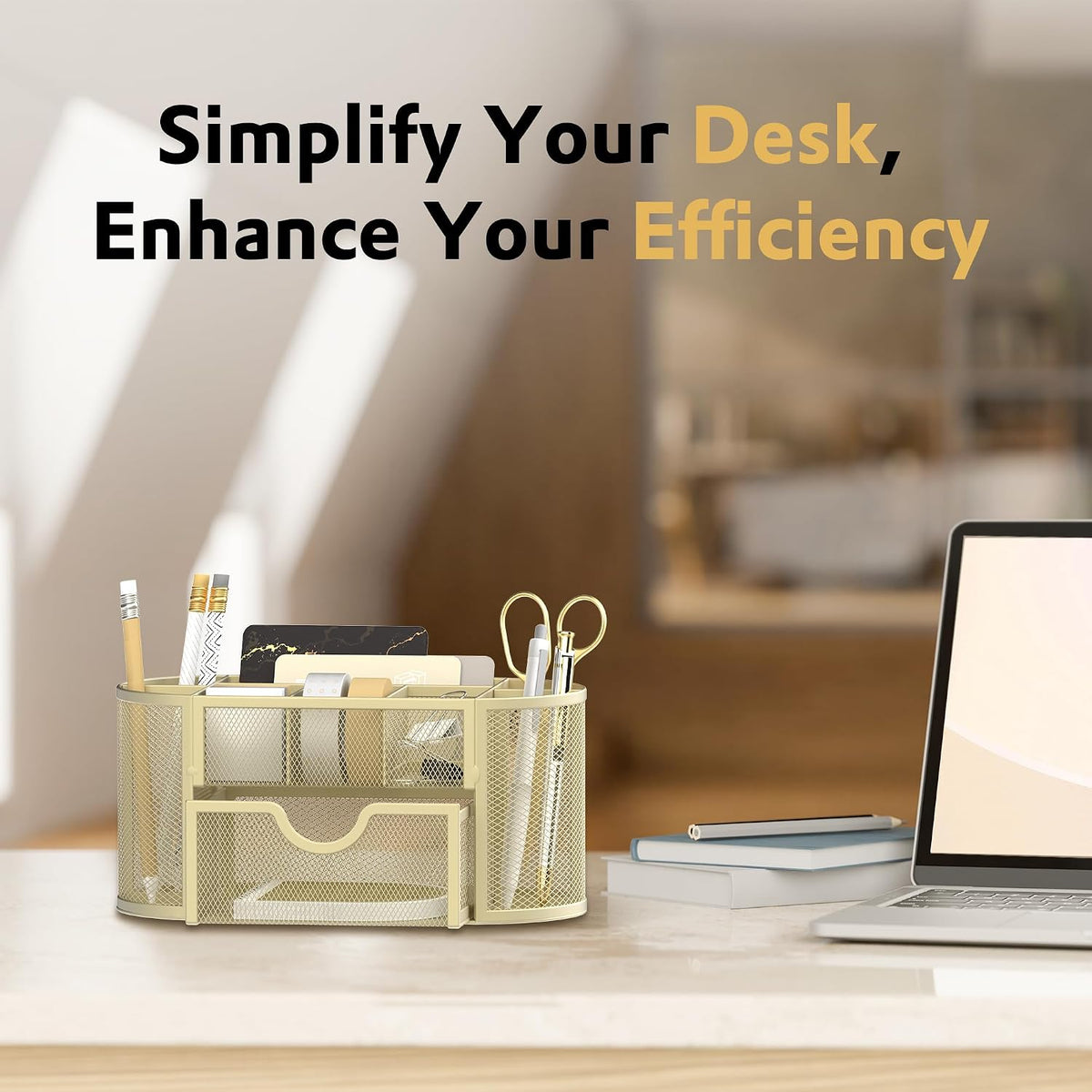 Mesh Desk Organizer with Drawer, 9-Compartment Pen Holder for Desk, Black