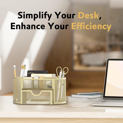 Mesh Desk Organizer with Drawer, 9-Compartment Pen Holder for Desk, Black