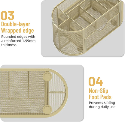 Mesh Desk Organizer with Drawer, 9-Compartment Pen Holder for Desk, Black