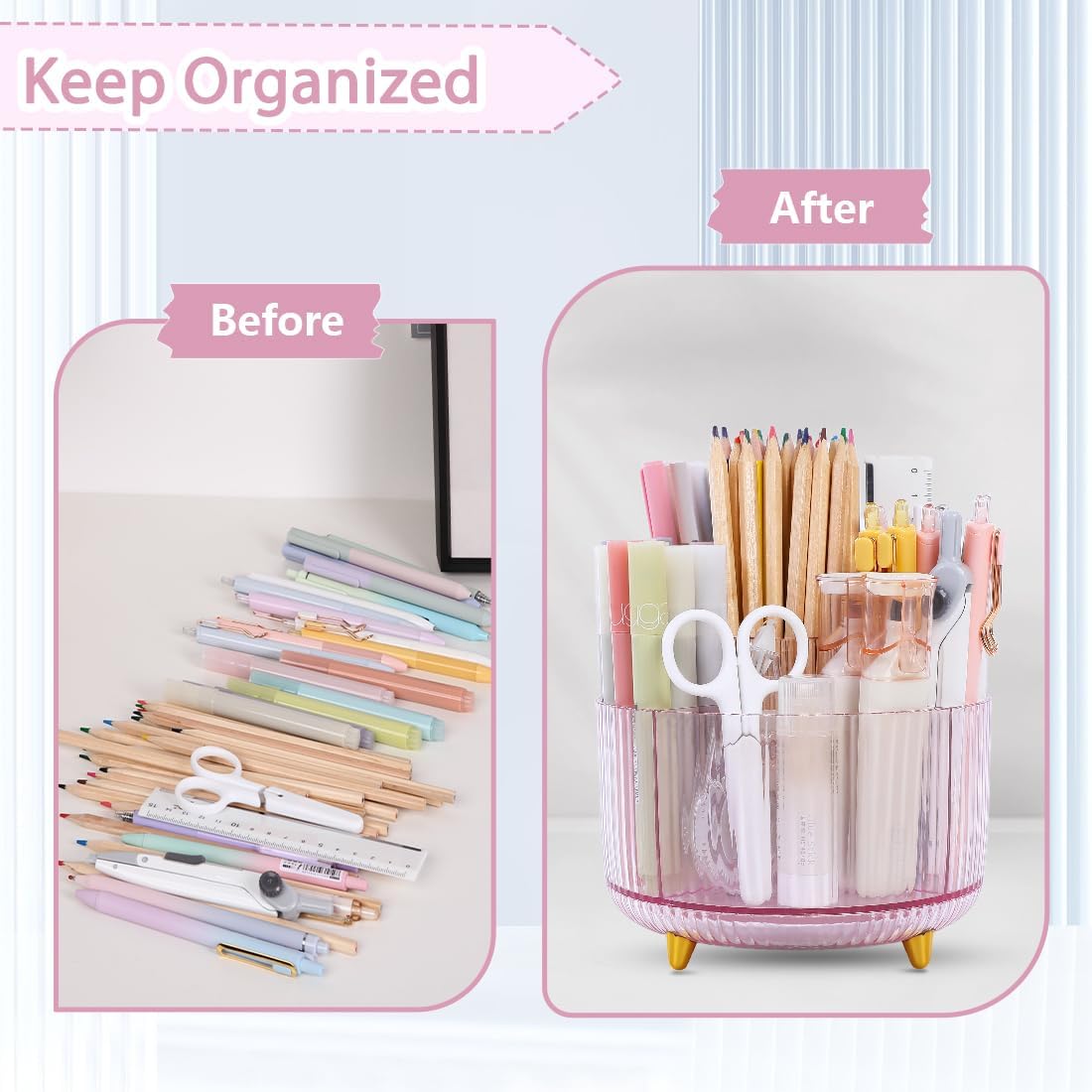 Rotating Pencil Pen Holder, Pen Organizer with 5 Slots - Aesthetic Desk Organizer and Accessories for School, Home, Office Supplies
