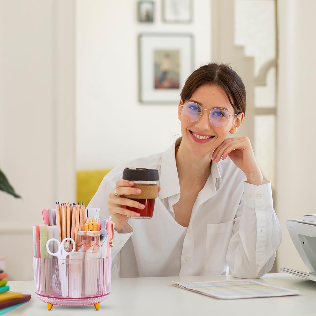Rotating Pencil Pen Holder, Pen Organizer with 5 Slots - Aesthetic Desk Organizer and Accessories for School, Home, Office Supplies