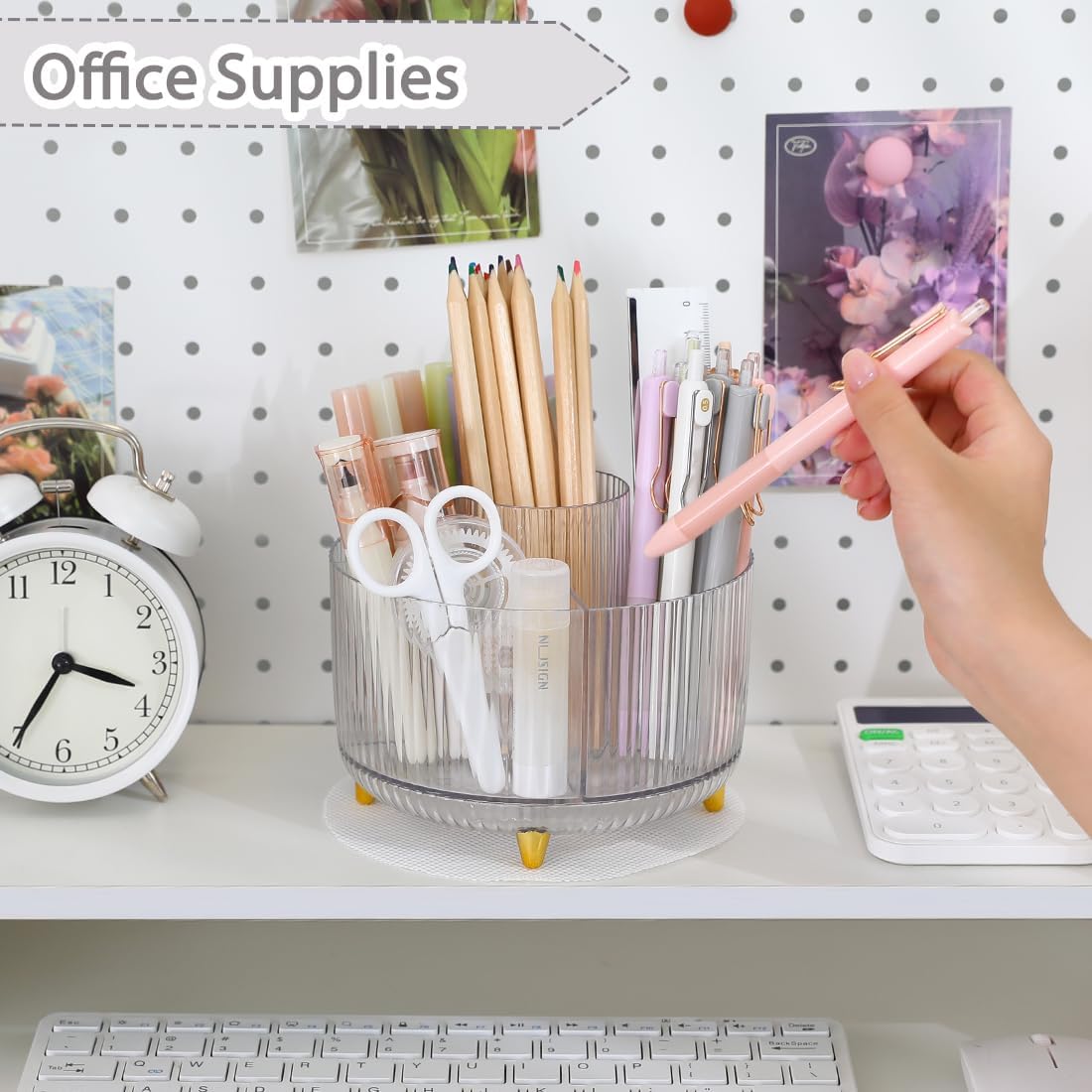 Rotating Pencil Pen Holder, Pen Organizer with 5 Slots - Aesthetic Desk Organizer and Accessories for School, Home, Office Supplies