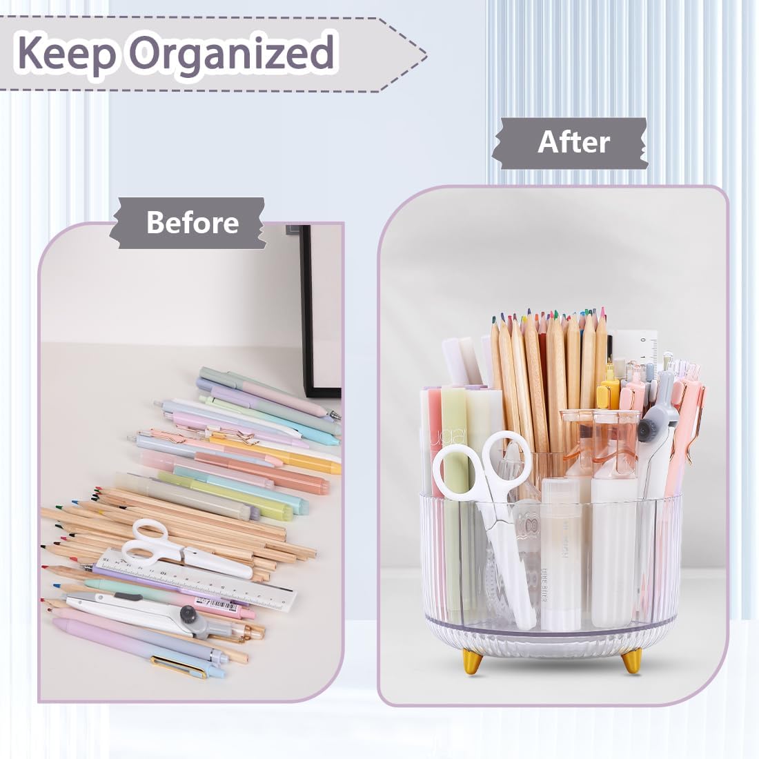 Rotating Pencil Pen Holder, Pen Organizer with 5 Slots - Aesthetic Desk Organizer and Accessories for School, Home, Office Supplies