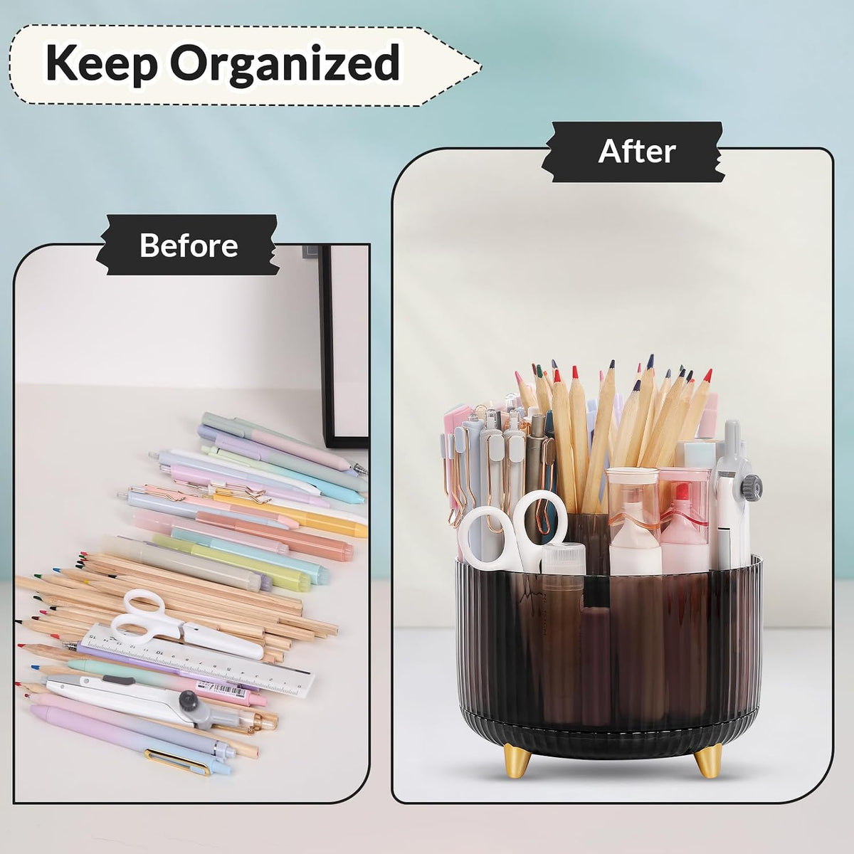 Rotating Pencil Pen Holder, Pen Organizer with 5 Slots - Aesthetic Desk Organizer and Accessories for School, Home, Office Supplies