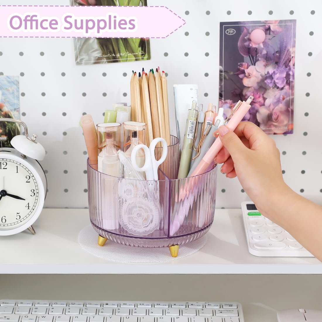 Rotating Pencil Pen Holder, Pen Organizer with 5 Slots - Aesthetic Desk Organizer and Accessories for School, Home, Office Supplies