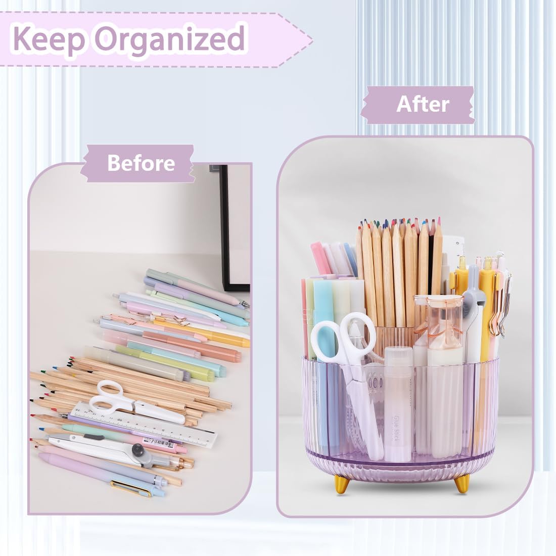 Rotating Pencil Pen Holder, Pen Organizer with 5 Slots - Aesthetic Desk Organizer and Accessories for School, Home, Office Supplies