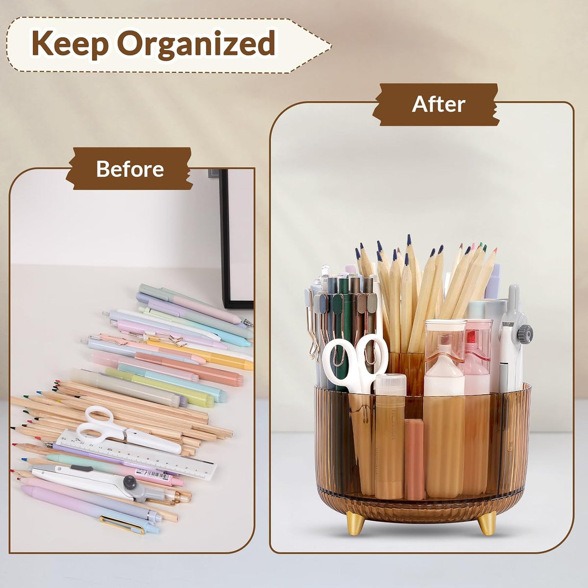Rotating Pencil Pen Holder, Pen Organizer with 5 Slots - Aesthetic Desk Organizer and Accessories for School, Home, Office Supplies