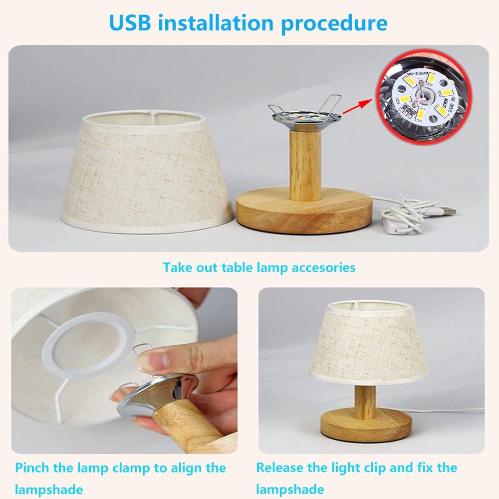 Small Bedside Table Lamp, Wooden Bedroom Lamp with Linen Shade, Mini Desk Night Light for Bedroom, Living Room, Kids Room