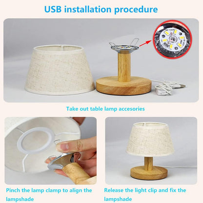 Small Bedside Table Lamp, Wooden Bedroom Lamp with Linen Shade, Mini Desk Night Light for Bedroom, Living Room, Kids Room