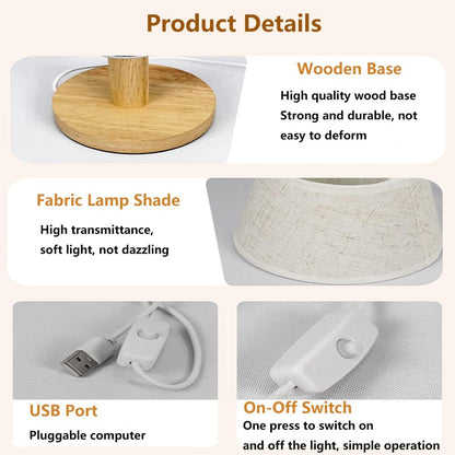 Small Bedside Table Lamp, Wooden Bedroom Lamp with Linen Shade, Mini Desk Night Light for Bedroom, Living Room, Kids Room