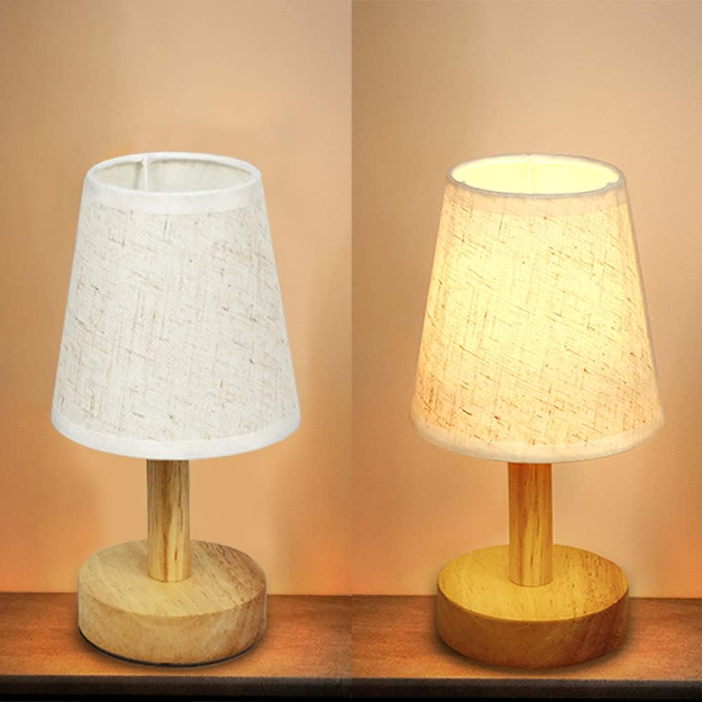 Small Bedside Table Lamp, Wooden Bedroom Lamp with Linen Shade, Mini Desk Night Light for Bedroom, Living Room, Kids Room