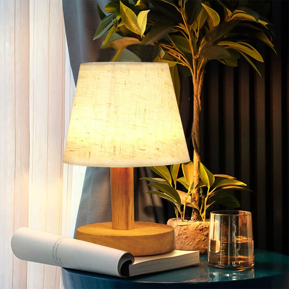 Small Bedside Table Lamp, Wooden Bedroom Lamp with Linen Shade, Mini Desk Night Light for Bedroom, Living Room, Kids Room