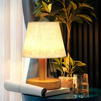 Small Bedside Table Lamp, Wooden Bedroom Lamp with Linen Shade, Mini Desk Night Light for Bedroom, Living Room, Kids Room