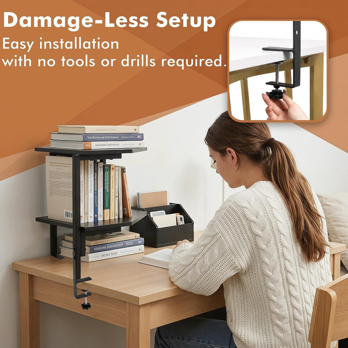 2-Tier Corner Clamp On Desk Shelf for Home Office Gaming Room