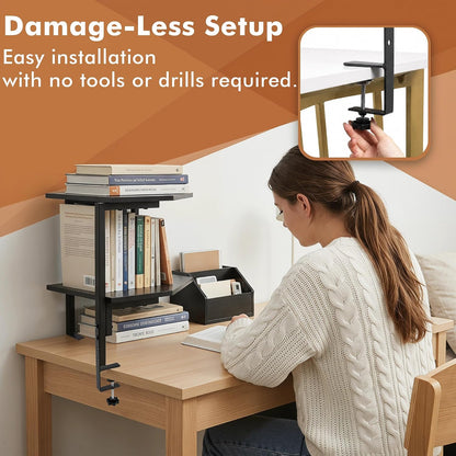 2-Tier Corner Clamp On Desk Shelf for Home Office Gaming Room