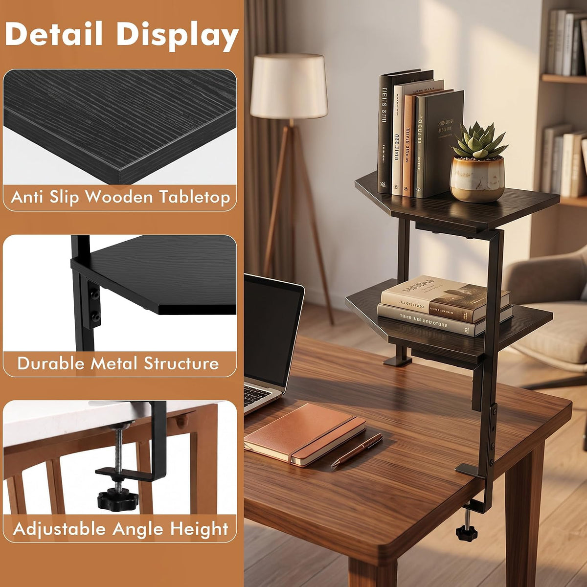 2-Tier Corner Clamp On Desk Shelf for Home Office Gaming Room