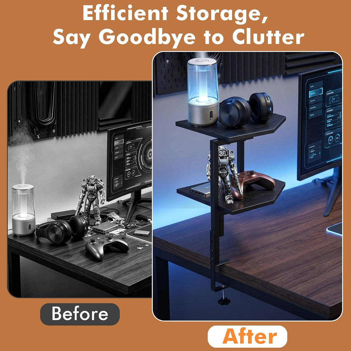 2-Tier Corner Clamp On Desk Shelf for Home Office Gaming Room