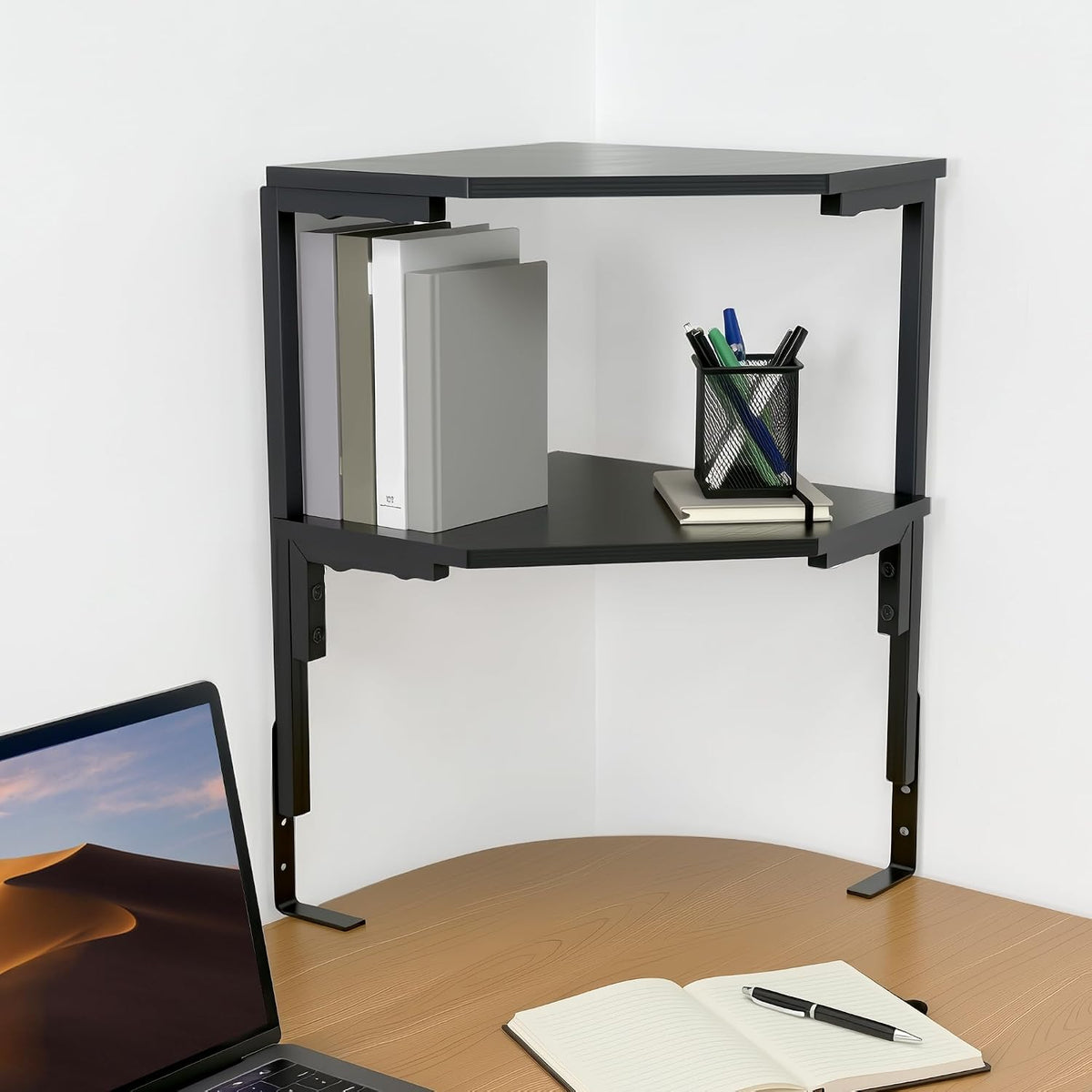 2-Tier Corner Clamp On Desk Shelf for Home Office Gaming Room