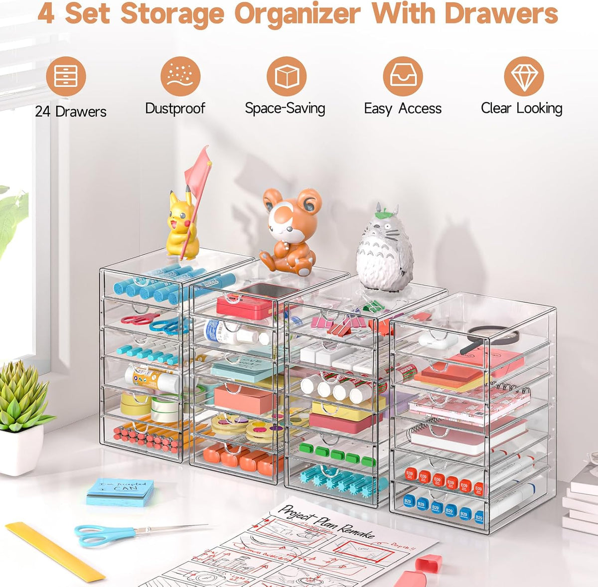 Acrylic Makeup Drawer Storage Organizer with 24 Drawers, 4 Set