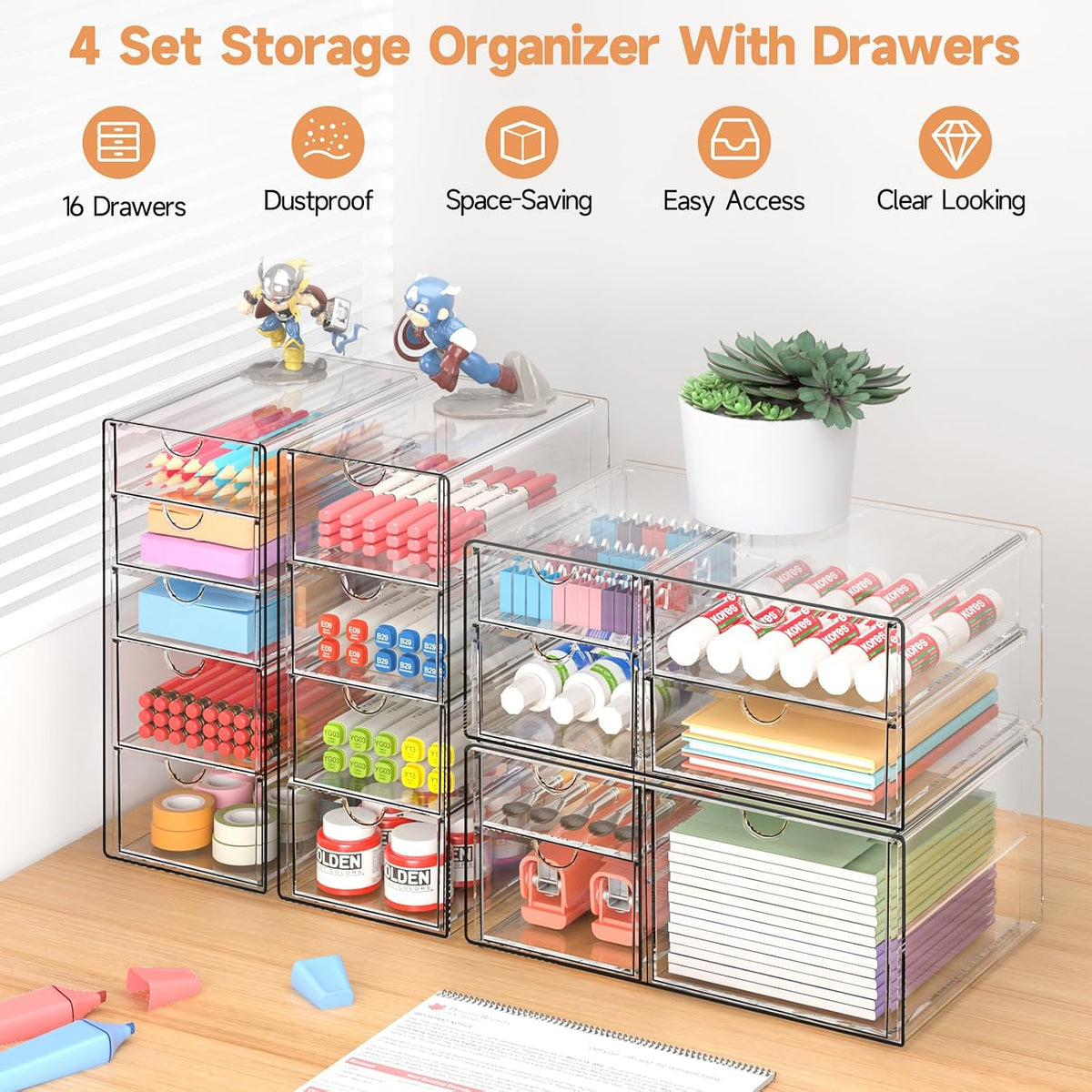 Acrylic Makeup Drawer Storage Organizer with 24 Drawers, 4 Set