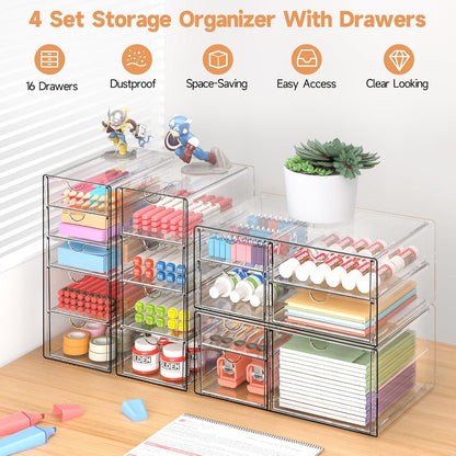 Acrylic Makeup Drawer Storage Organizer with 24 Drawers, 4 Set