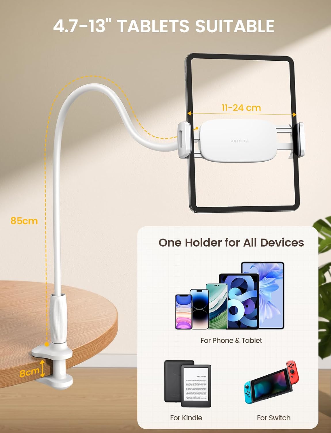 Gooseneck Tablet Holder for Bed, Unique Tapered Flexible Arm