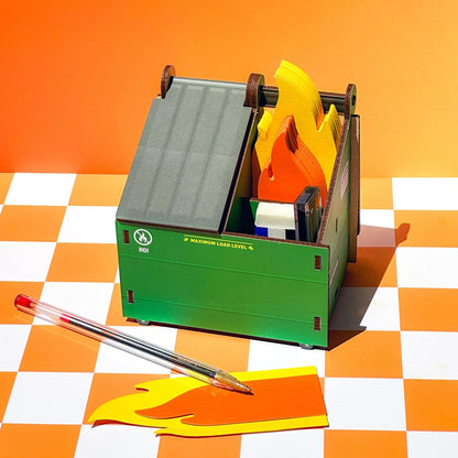 Desk Dumpster Pencil Holder with 100+ Flame Note Cards, Funny 3-Compartment Organizer for Office Supplies, Desk Caddy for Work or Home
