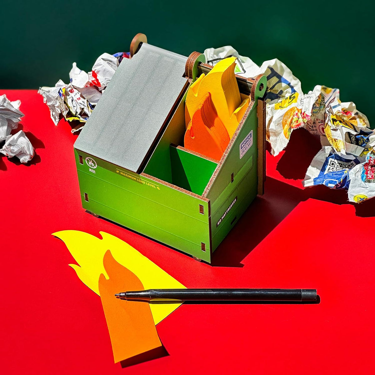 Desk Dumpster Pencil Holder with 100+ Flame Note Cards, Funny 3-Compartment Organizer for Office Supplies, Desk Caddy for Work or Home